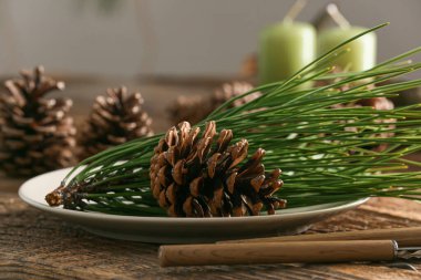 Kapalı alanda çam kozalakları ve köknar dallarıyla güzel bir masa.