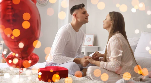 Happy Couple Celebrating Valentine Day Bedroom Home — Stockfoto