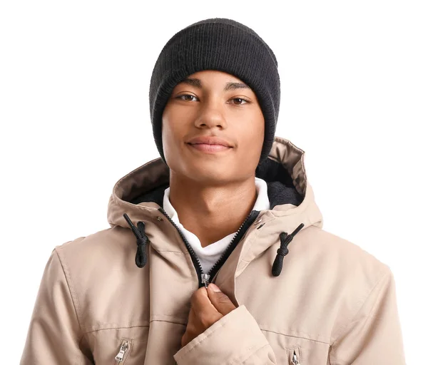 Handsome Stylish African American Guy Warm Clothes White Background — Stock Photo, Image