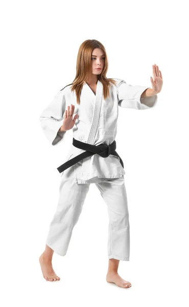Junge Frau Praktiziert Karate Auf Weißem Hintergrund — Stockfoto