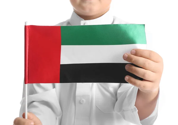 Cute Little Boy National Flag Uae White Background Closeup — Stockfoto