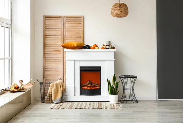Interior Light Room Modern Fireplace Folding Screen Basket — Stock Photo, Image
