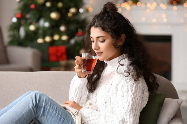 Beautiful Woman Drinking Tea Home Christmas Eve — Stock Photo, Image