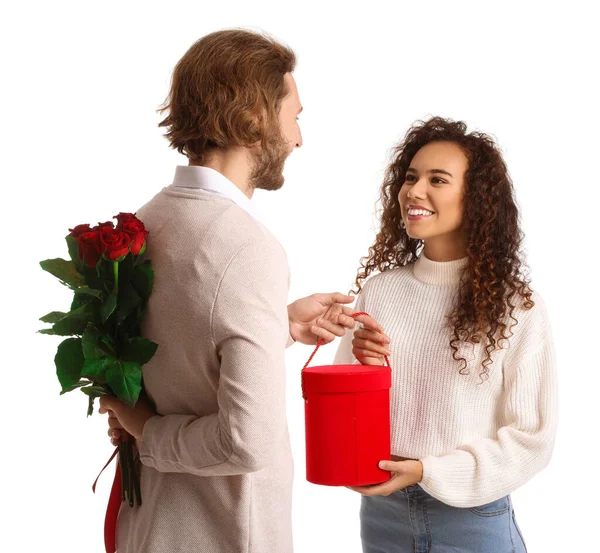 Happy Young Couple Greeting Each Other Valentine Day White Background — 图库照片