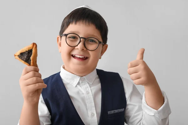 Little Jewish Boy Tasty Hamantaschen Purim Holiday Showing Thumb Gesture — Foto Stock