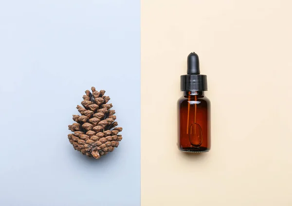 Sebotol Minyak Esensial Dan Kerucut Pinus Pada Latar Belakang Warna — Stok Foto