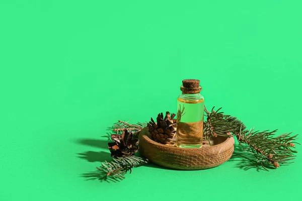 Bottle Essential Oil Fir Branches Cones Green Background — Stock Photo, Image