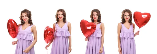 Set Beautiful Young Woman Heart Shaped Air Balloon White Background — стоковое фото