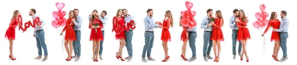 Set Van Mooie Jonge Paar Vieren Valentijnsdag Witte Achtergrond — Stockfoto