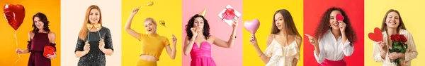 Beautiful Young Women Celebrating Valentines Day Color Background — 스톡 사진