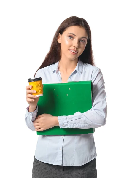 Teenage Girl Green Folder Cup Coffee White Background — Stockfoto