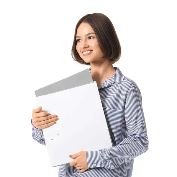 Mulher Bonita Com Pastas Fundo Branco — Fotografia de Stock