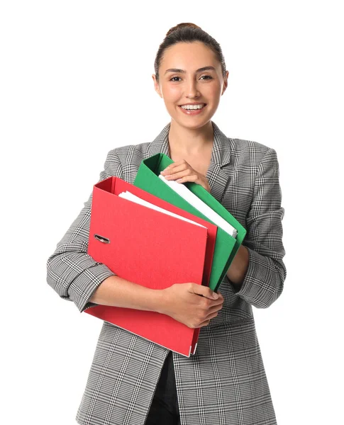 Mooie Jonge Vrouw Met Mappen Witte Achtergrond — Stockfoto