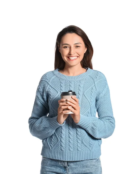 Beautiful Woman Cup Coffee White Background — Stock Photo, Image