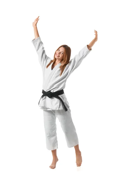 Glückliche Karate Trainerin Auf Weißem Hintergrund — Stockfoto