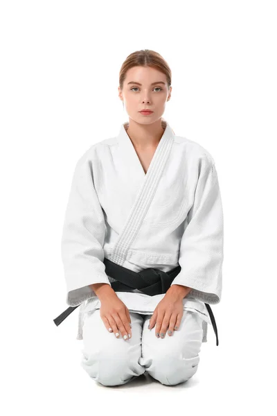 Weibliche Karate Trainerin Auf Weißem Hintergrund — Stockfoto