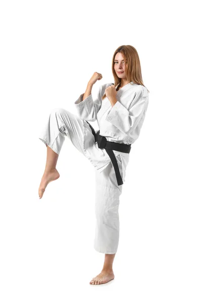 Young Woman Practicing Karate White Background — Stock Photo, Image