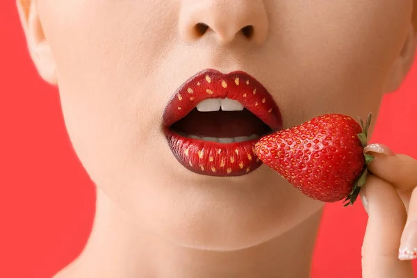 Beautiful Young Woman Unusual Makeup Strawberry Color Background Closeup — Stock Fotó