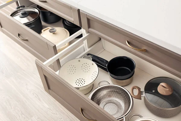 Open Kitchen Drawers Utensils Closeup — Zdjęcie stockowe