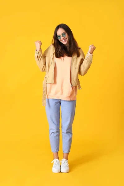 Happy Young Woman Stylish Clothes Color Background — Foto Stock