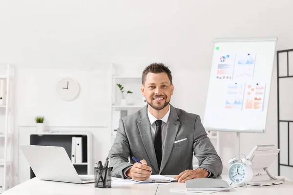 Smiling Businessman Working Table Office — Stock Photo, Image