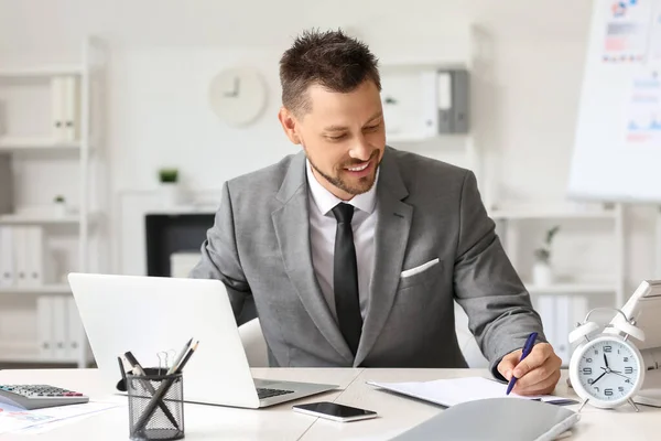 Smiling Businessman Working Table Office — Stock Photo, Image