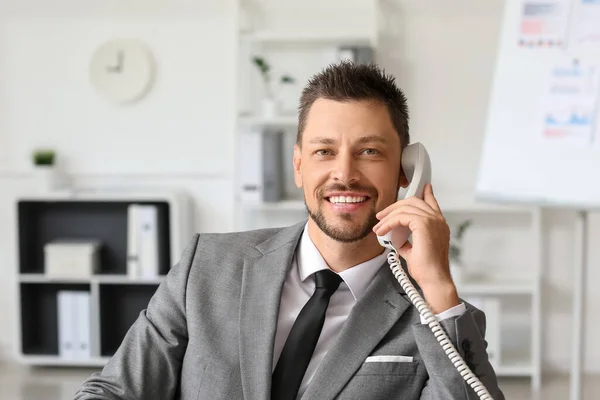 Smiling Businessman Talking Telephone Table Office — 스톡 사진