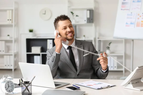 Smiling Businessman Talking Telephone Table Office — Stock Photo, Image