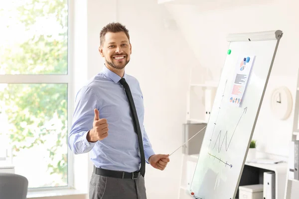 Handsome Businessman Showing Thumb Flipchart Office — Stock Photo, Image