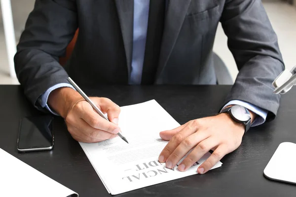 Young Businessman Working Document Table Office Closeup — Photo