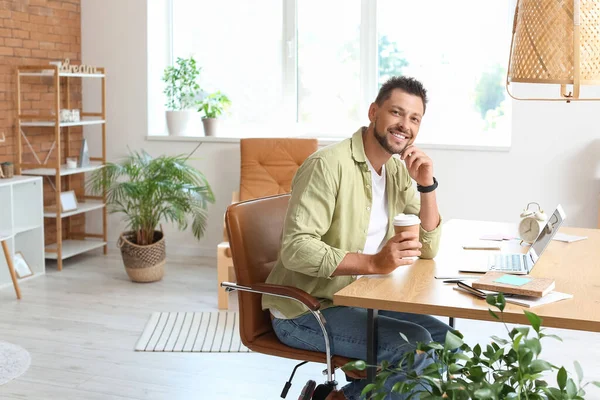 Handsome Man Cup Coffee Sitting Table Office — Stock Photo, Image