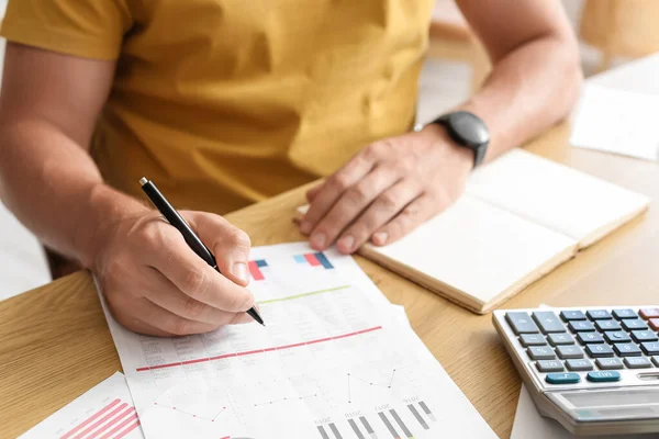 Young Man Working Documents Table Office Closeup — Stockfoto