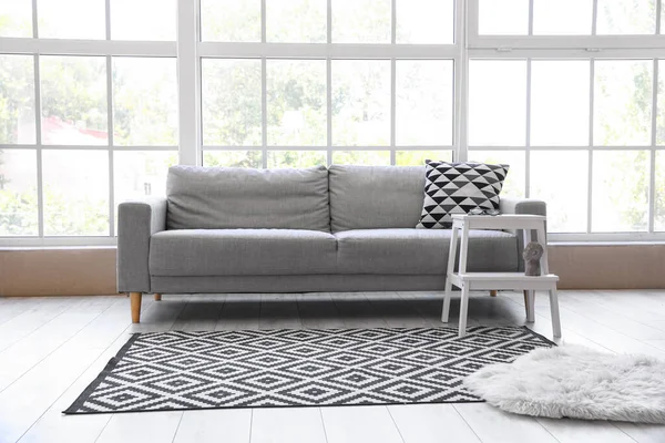 Grey Sofa White Step Stool Window — Stock Photo, Image