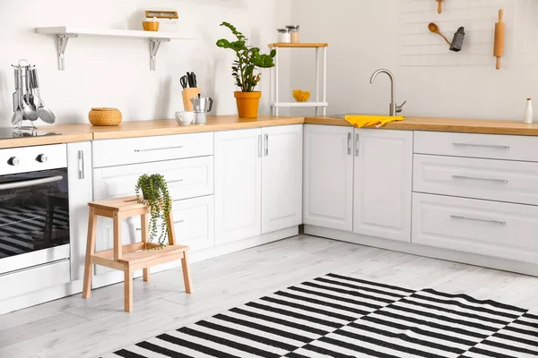 Interior Modern Kitchen White Counters Wooden Step Stool — Stock Fotó