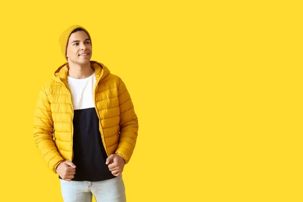 Handsome Young Man Stylish Hat Jacket Yellow Background — 스톡 사진