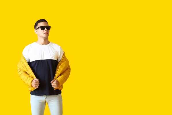 Young Man Stylish Sunglasses Jacket Yellow Background — Stock Photo, Image