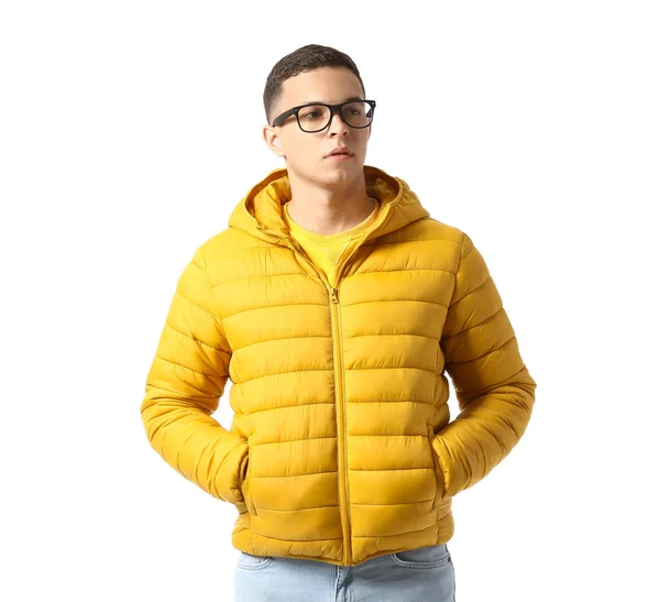 Young Man Eyeglasses Yellow Jacket White Background — Stock Photo, Image