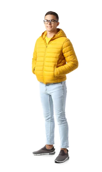 Young Man Eyeglasses Yellow Jacket White Background — Fotografia de Stock