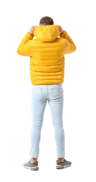 Young Man Yellow Jacket White Background — Fotografia de Stock