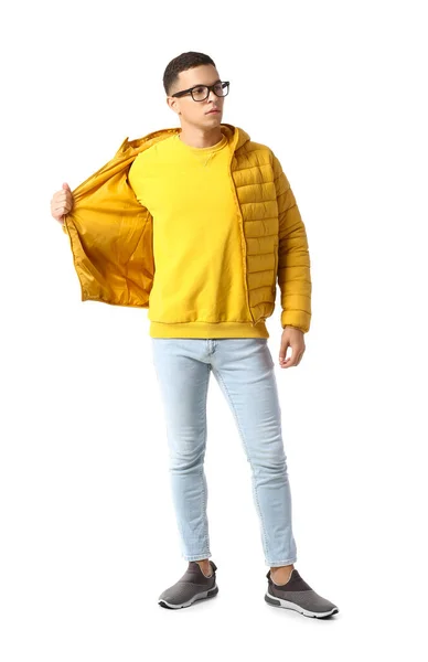 Young Man Yellow Jacket Sweatshirt White Background — 图库照片
