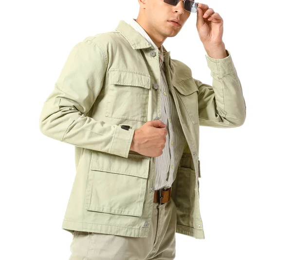 Stylish Young Man Jacket White Background — Foto Stock