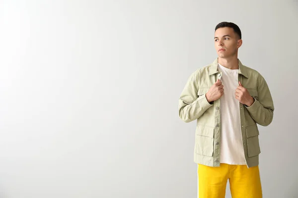 Young Man Stylish Jacket Light Background — Fotografia de Stock