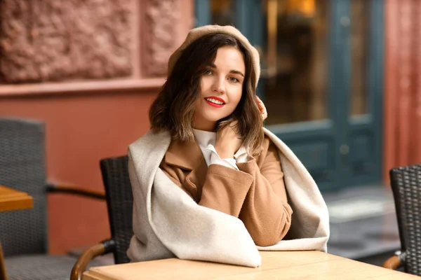 Beautiful Young Woman Plaid Sitting Table Cafe Outdoors — 스톡 사진