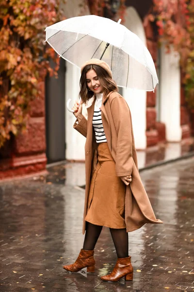 Young Happy Woman Umbrella Walking Rainy Autumn Day — Stockfoto