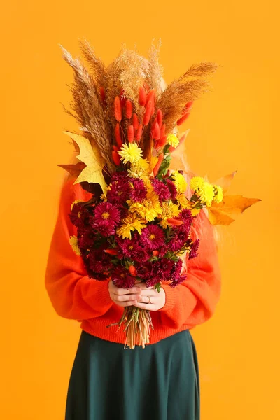 Woman Covering Face Beautiful Autumn Bouquet Color Background — Stock Photo, Image