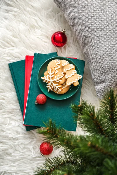 Books Cookies Fir Tree Carpet Room Christmas Story — Stock Photo, Image