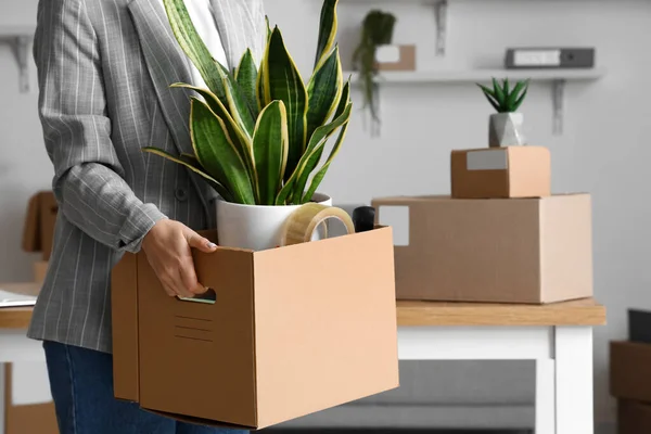 Woman Holding Cardboard Box Belongings Houseplant Office Moving Day — стоковое фото