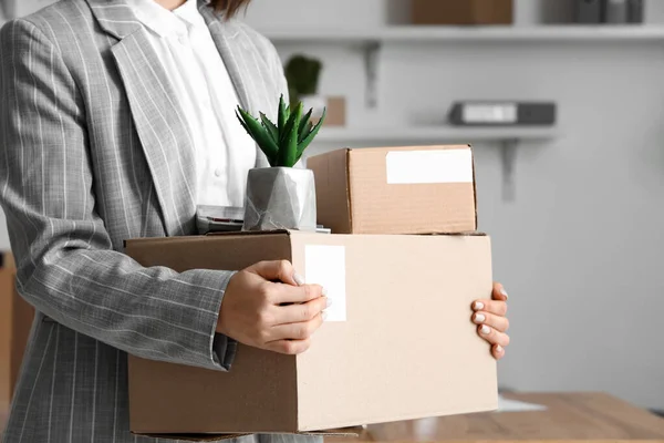 Woman Holding Cardboard Boxes Belongings Office Moving Day — стоковое фото