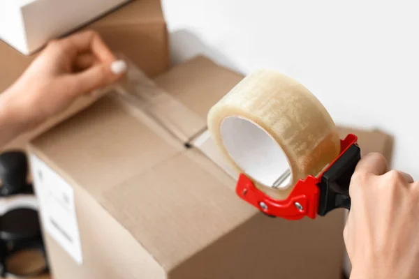 Woman Packing Cardboard Box Belongings Office Moving Day — 스톡 사진