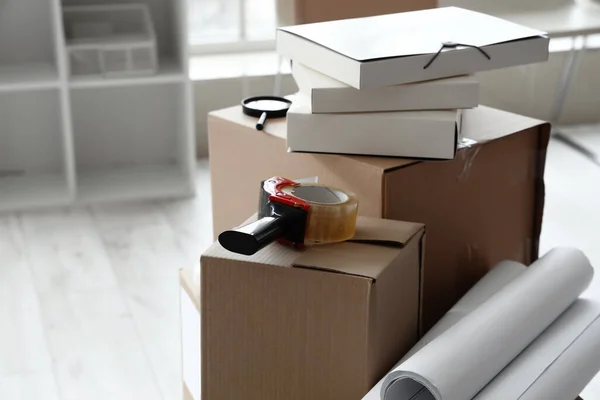 Cardboard Boxes Belongings Packing Tape Office Moving Day — 스톡 사진